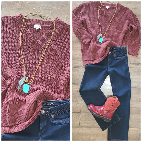 Barely Worn- SO - Rust Colored Squared Hem Pullover Sweater- V-neck  Size Large - Picture 2 of 4